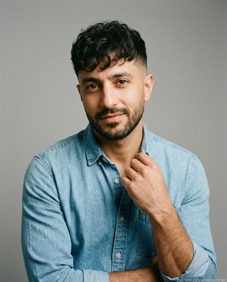 Medium Mid Fade with a Curly Undercut Fringe