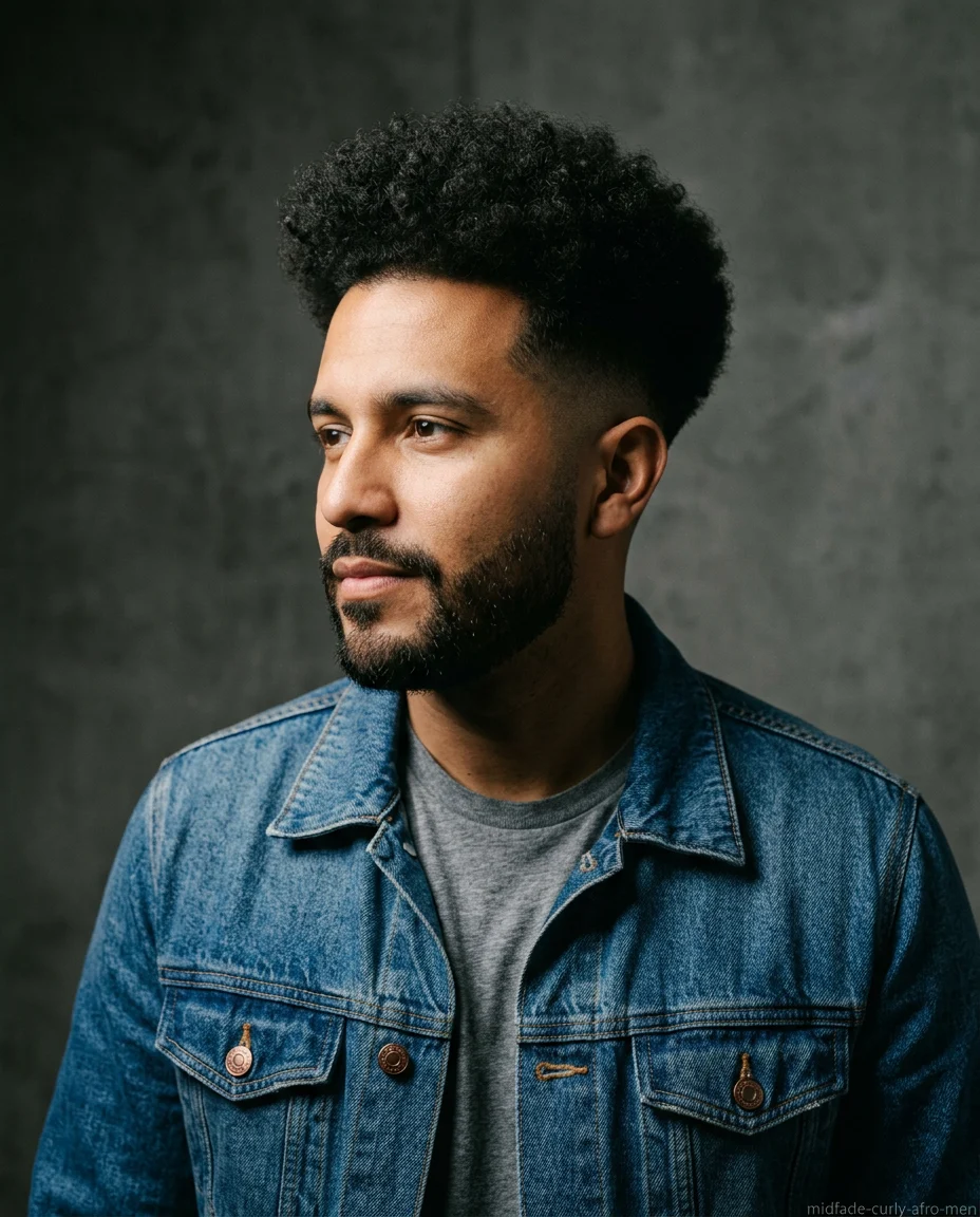 Medium Mid Fade with a Curly Afro Top