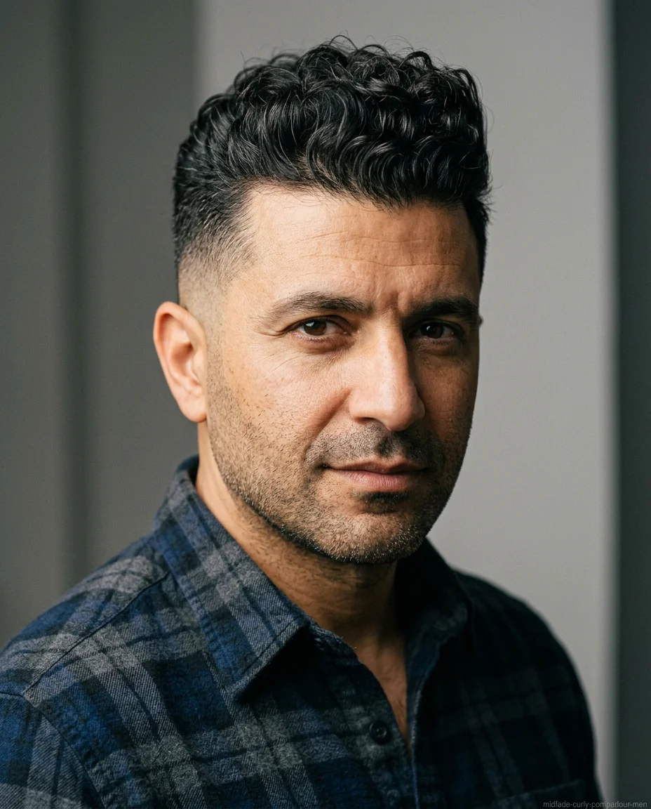 Medium Mid Fade with a Curly Pompadour