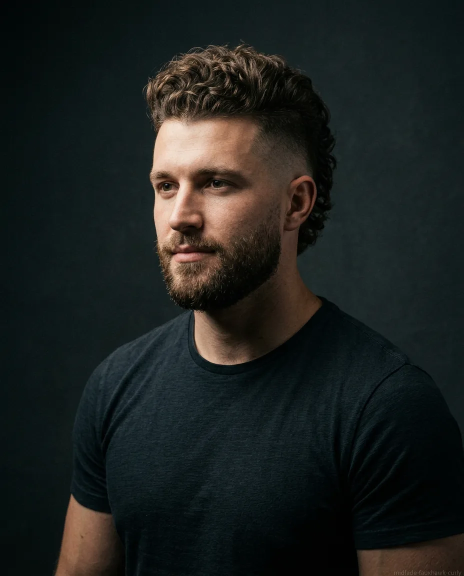 Curly faux hawk with mid fade for men