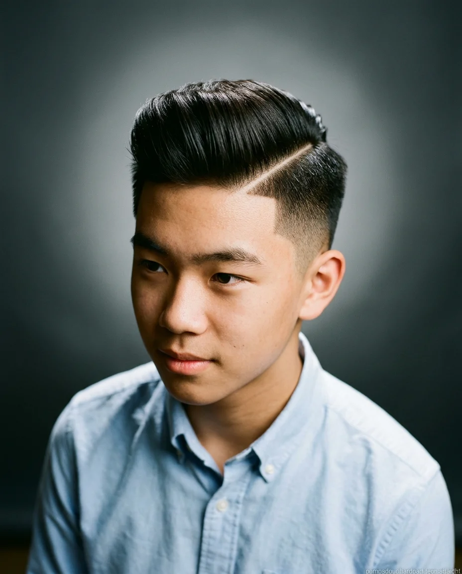 Medium Pompadour with Hard Part for teen boys with straight hair