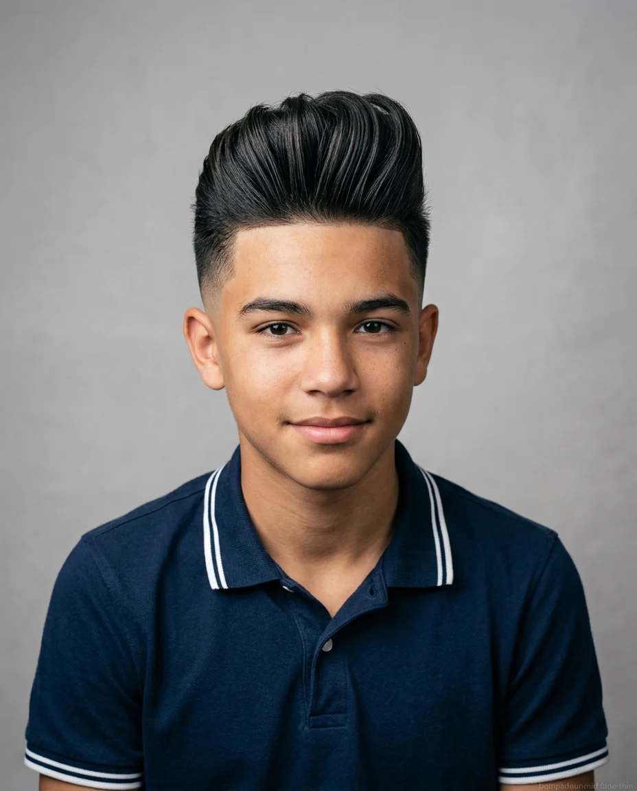 Mid Fade Pompadour haircut for teen boy with thin hair
