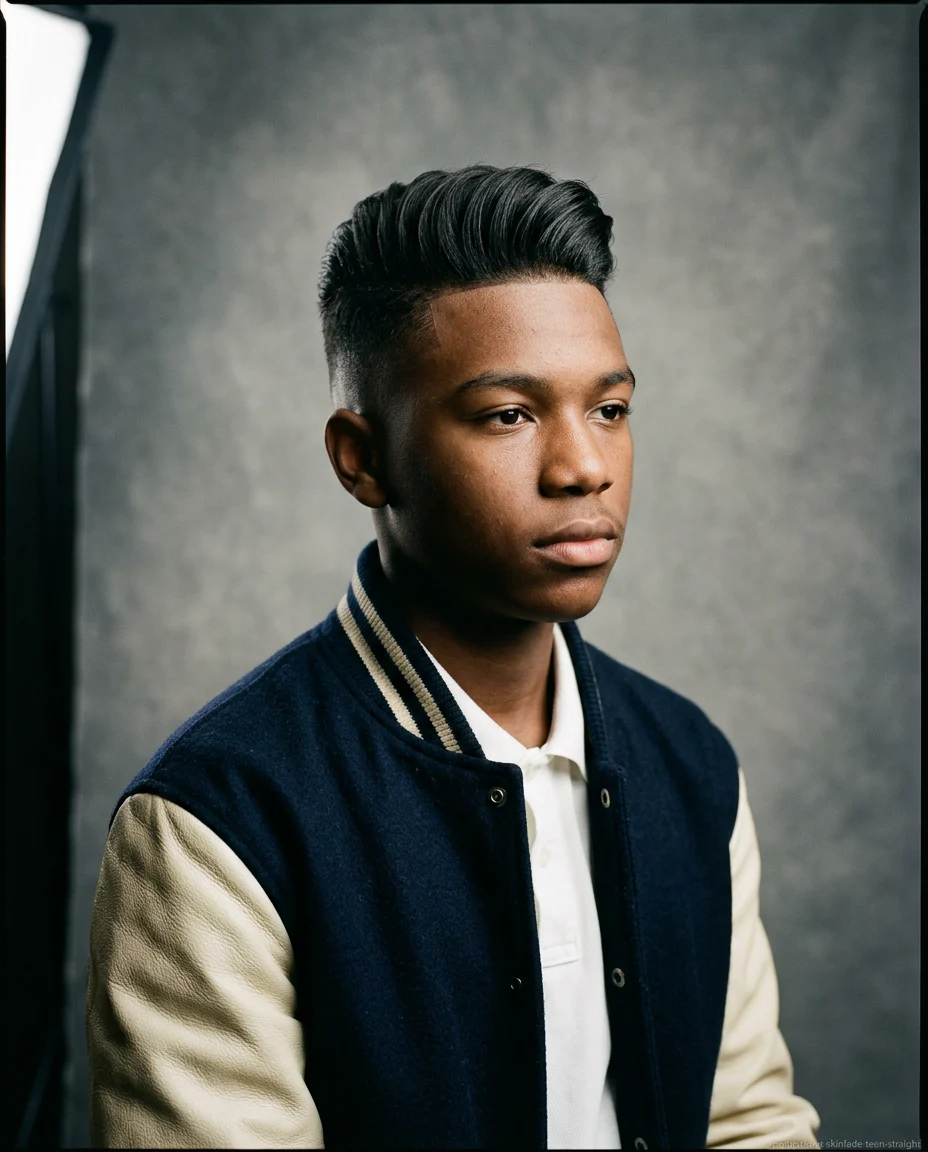 Medium Pompadour with Skin Fade for teen boys with straight hair