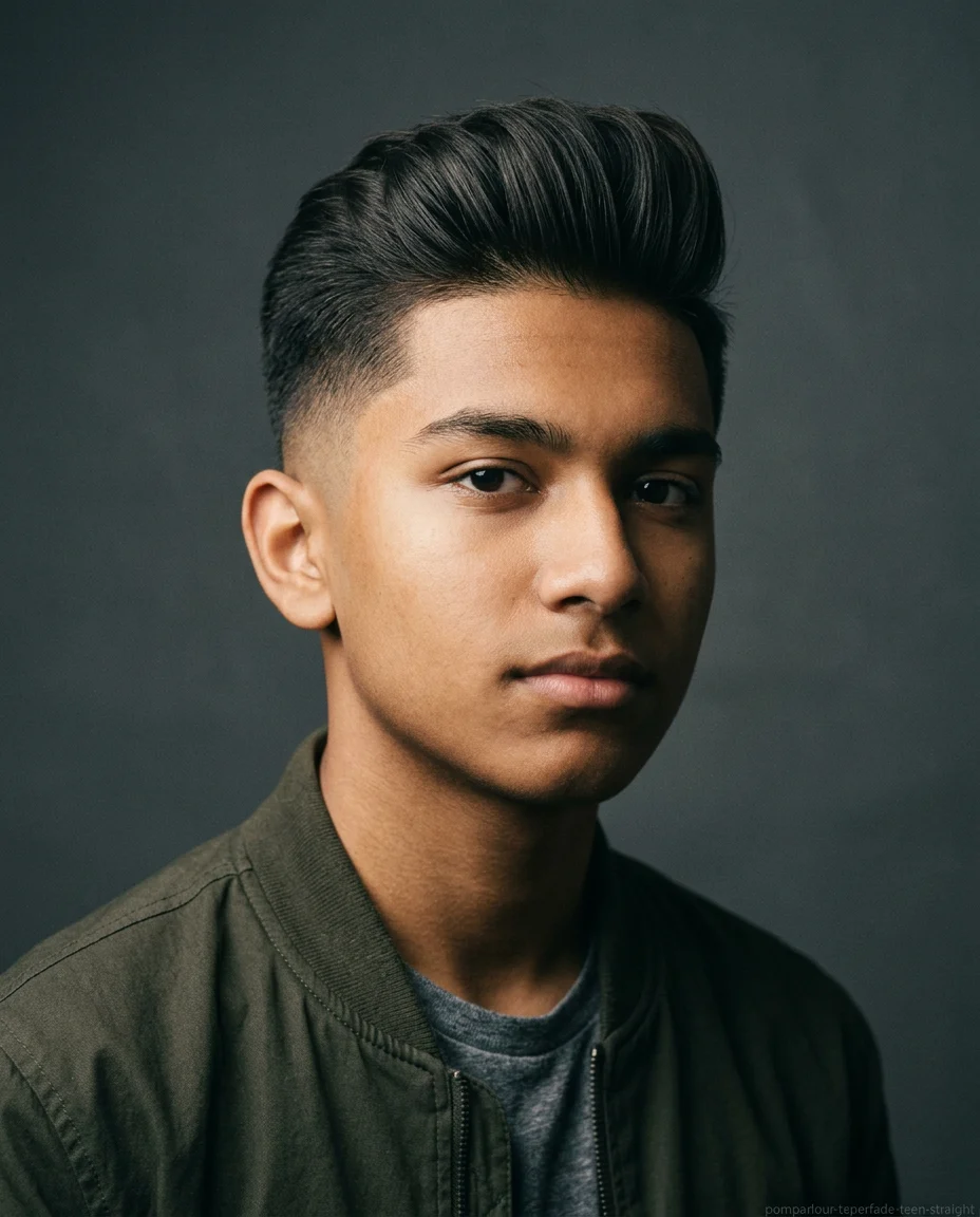 Medium Pompadour with Taper Fade for teen boys with straight hair
