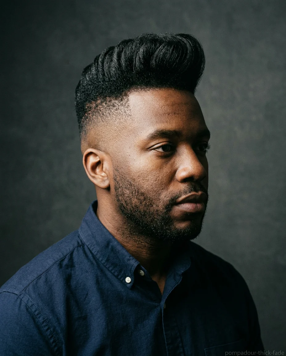 High Fade Pompadour on a man with thick hair