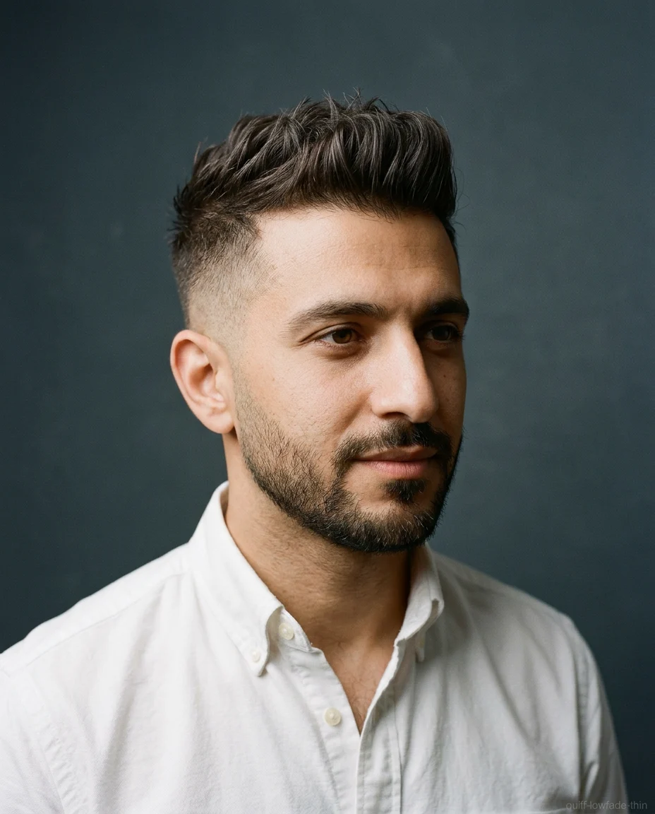 Textured quiff with low fade for thin hair