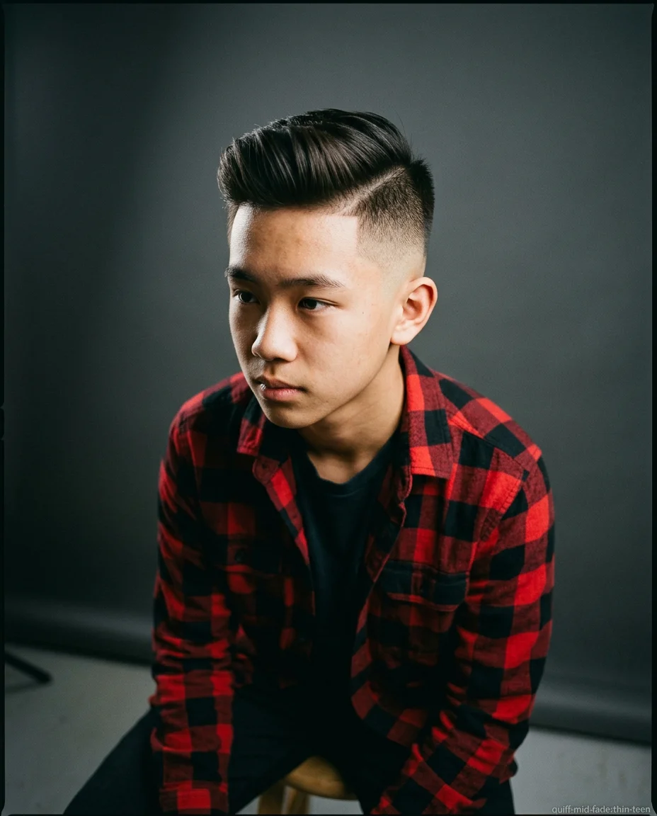 Mid Fade Quiff haircut for teen boy with thin hair