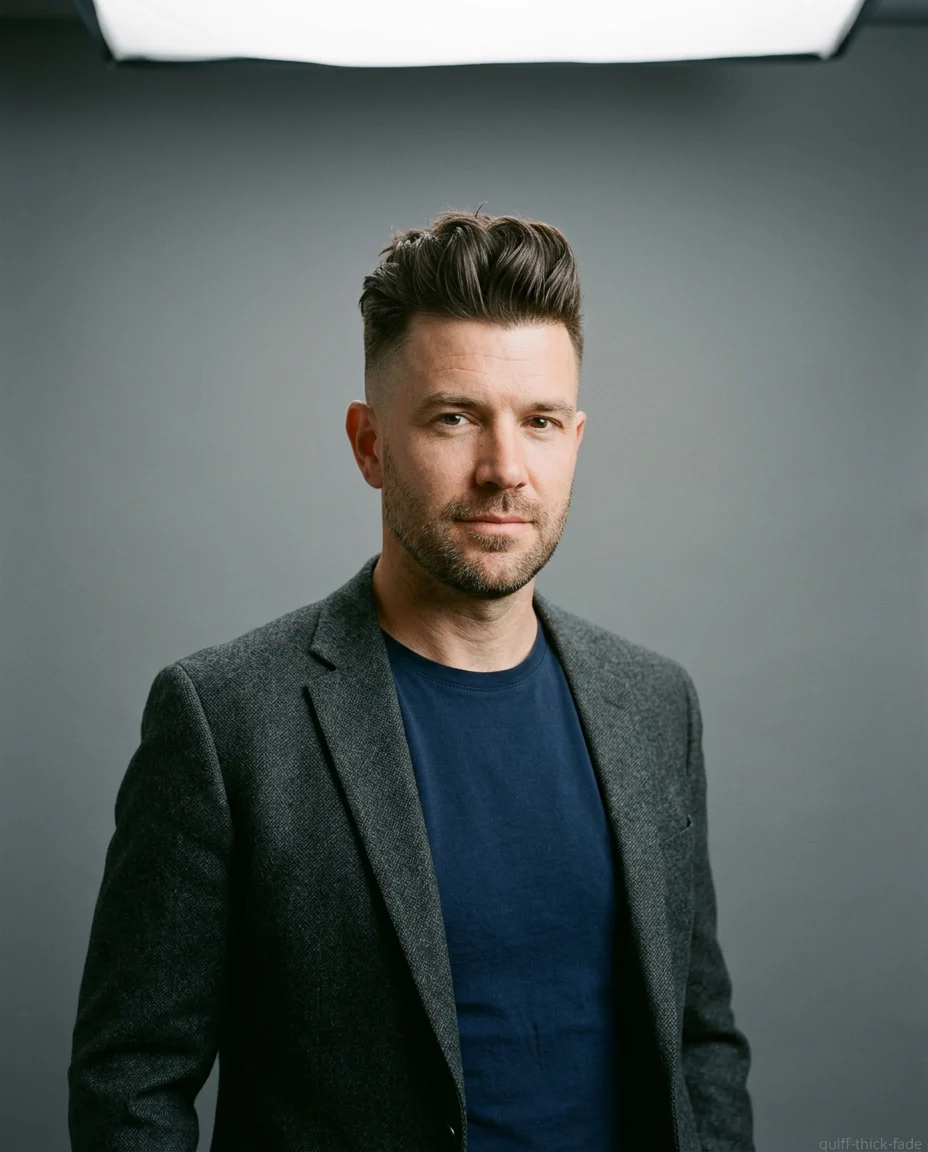 Modern Quiff High Fade on a man with thick hair