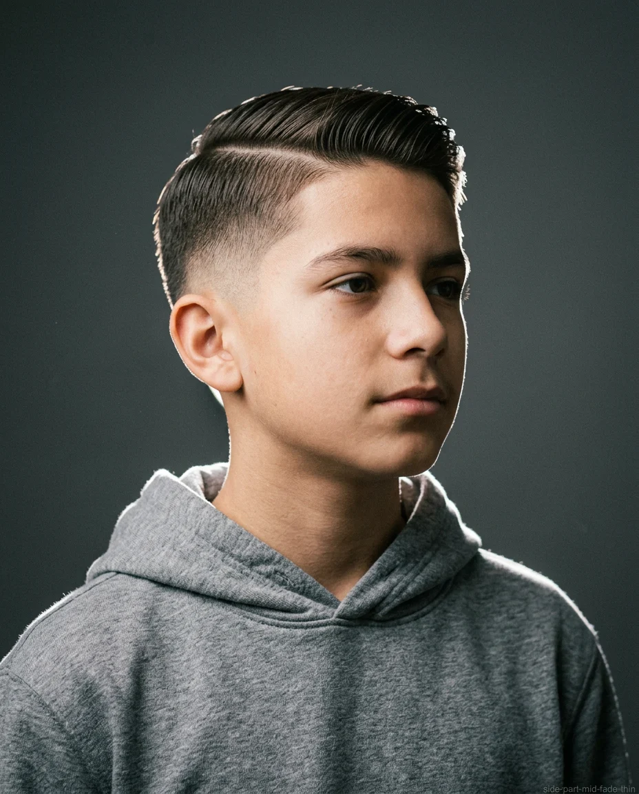 Mid Fade Side Part haircut for teen boy with thin hair