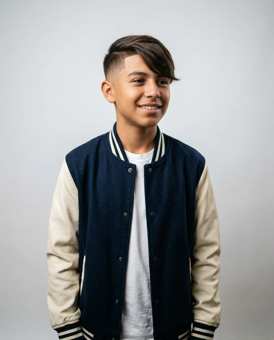 Mid Fade Side-Swept Fringe haircut for teen boy with thin hair