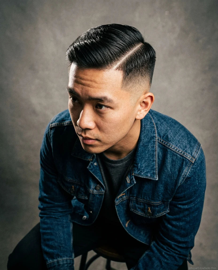 Side part with medium low fade for thin hair