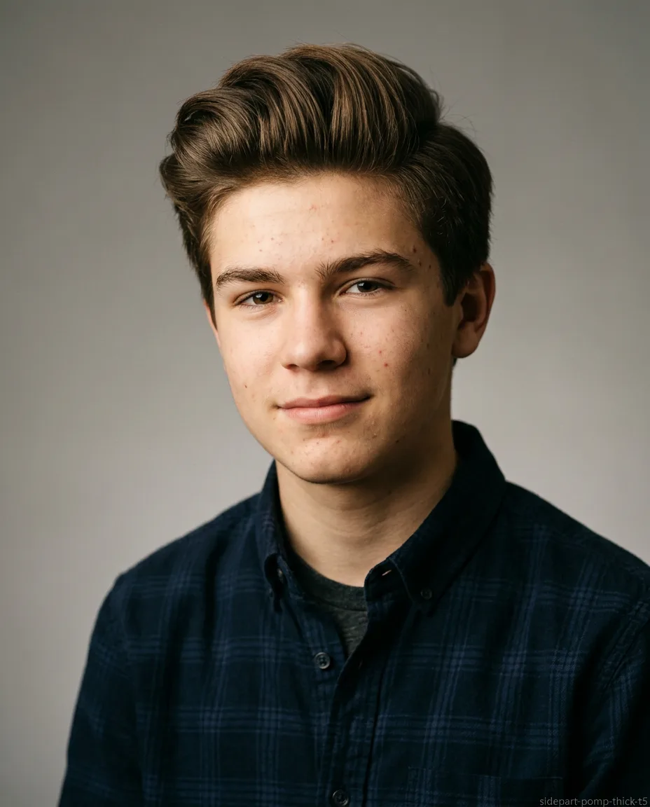 Side part long pompadour on thick teen hair