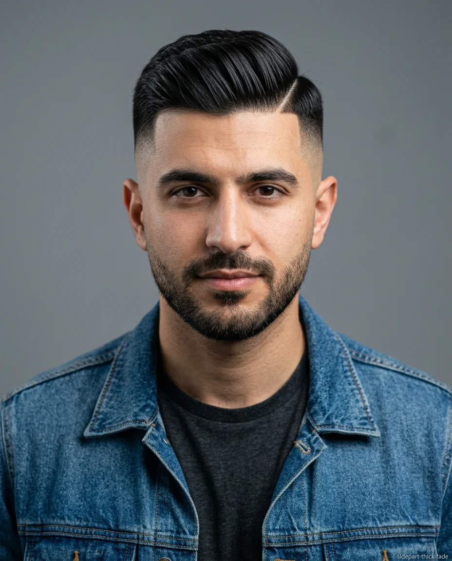 High Fade Side Part on a man with thick hair