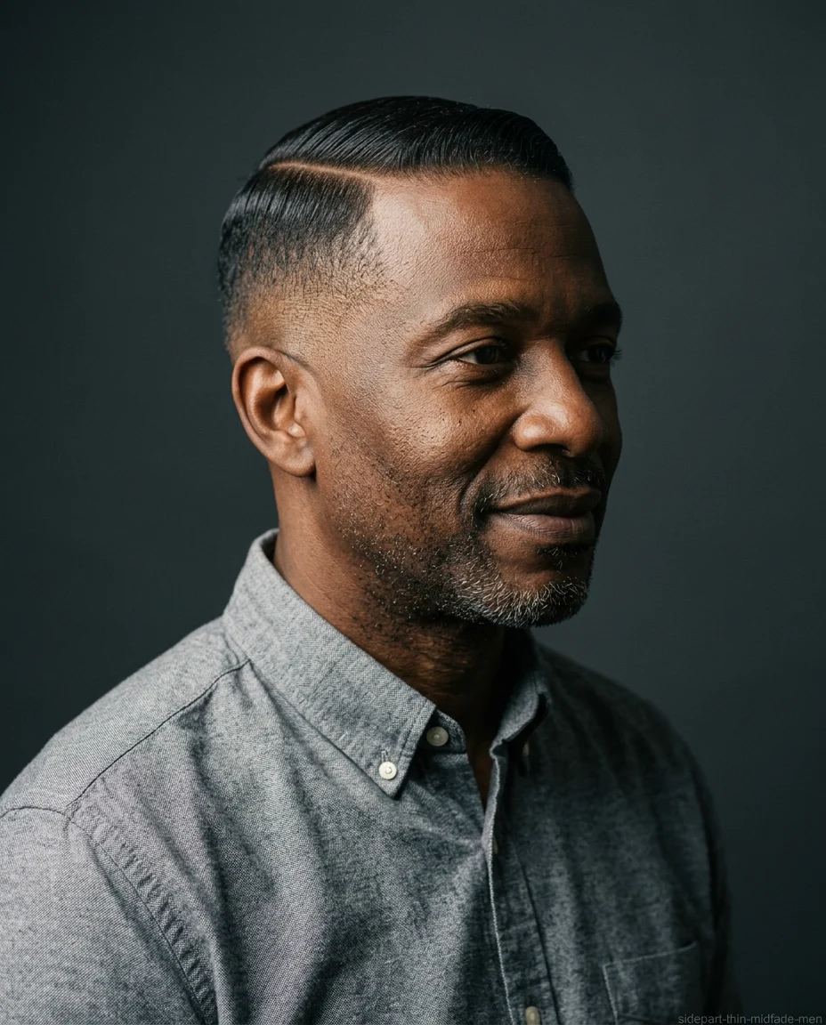 Classic Side Part Mid Fade on thin hair