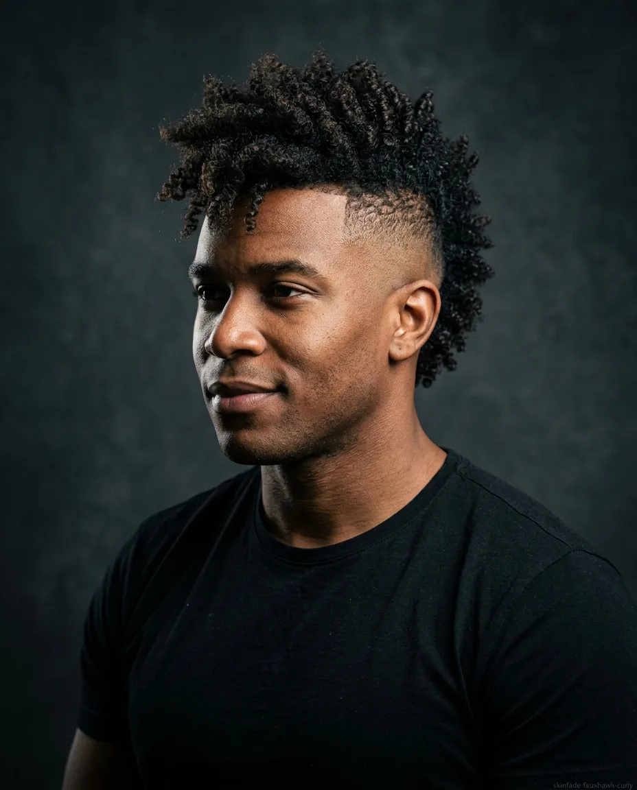 Curly faux hawk with skin fade for men