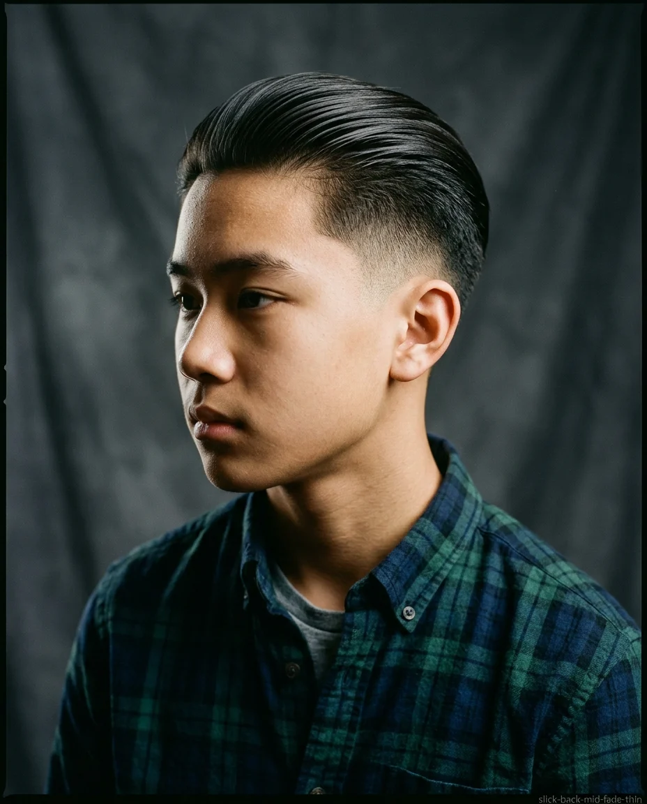 Mid Fade Slick Back haircut for teen boy with thin hair