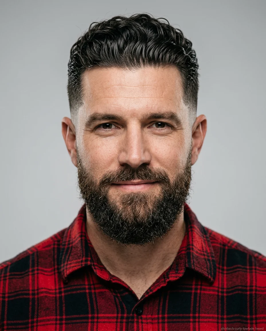 Curly Slick Back with Low Fade and Beard