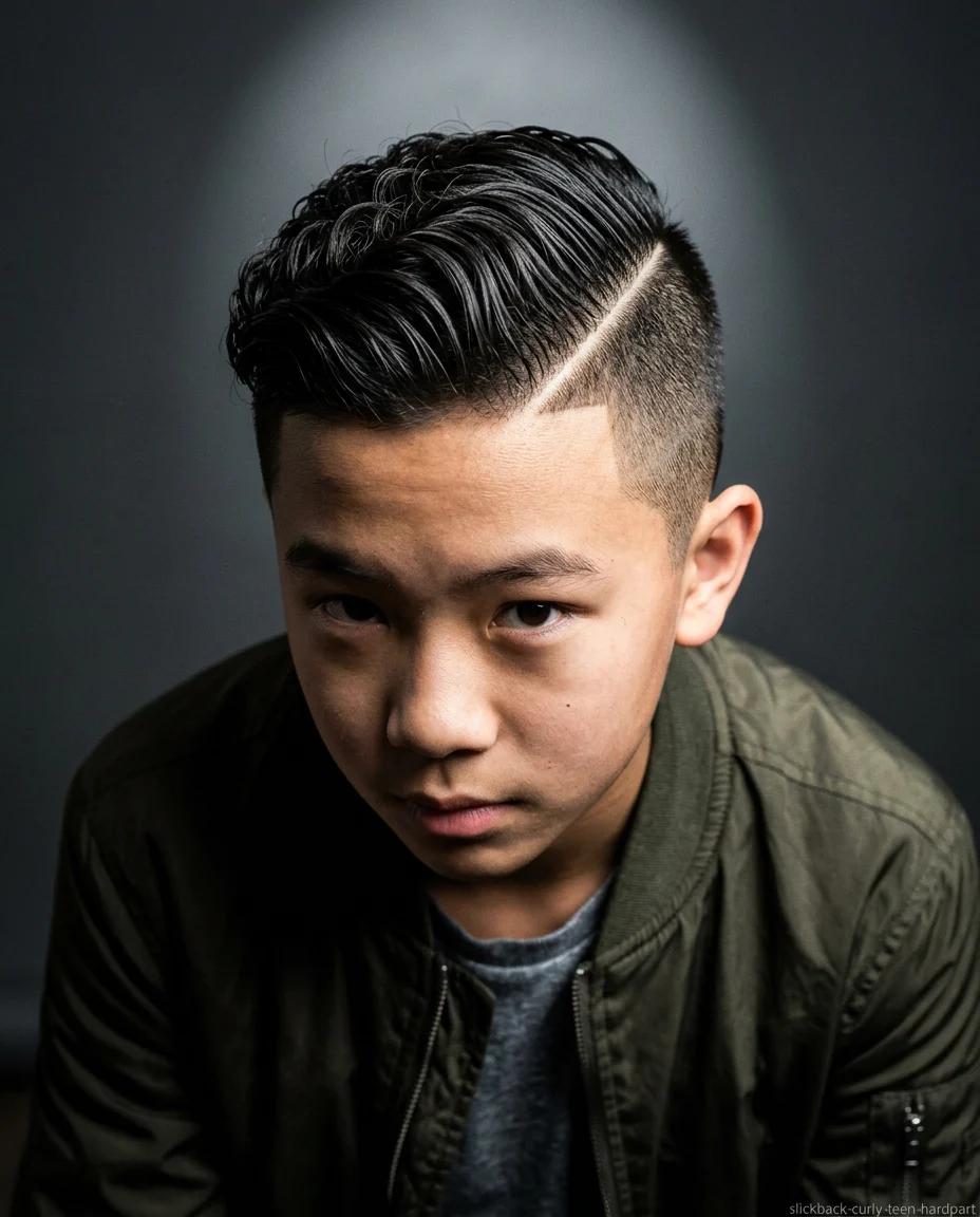 Medium Slick Back with Hard Part on curly hair