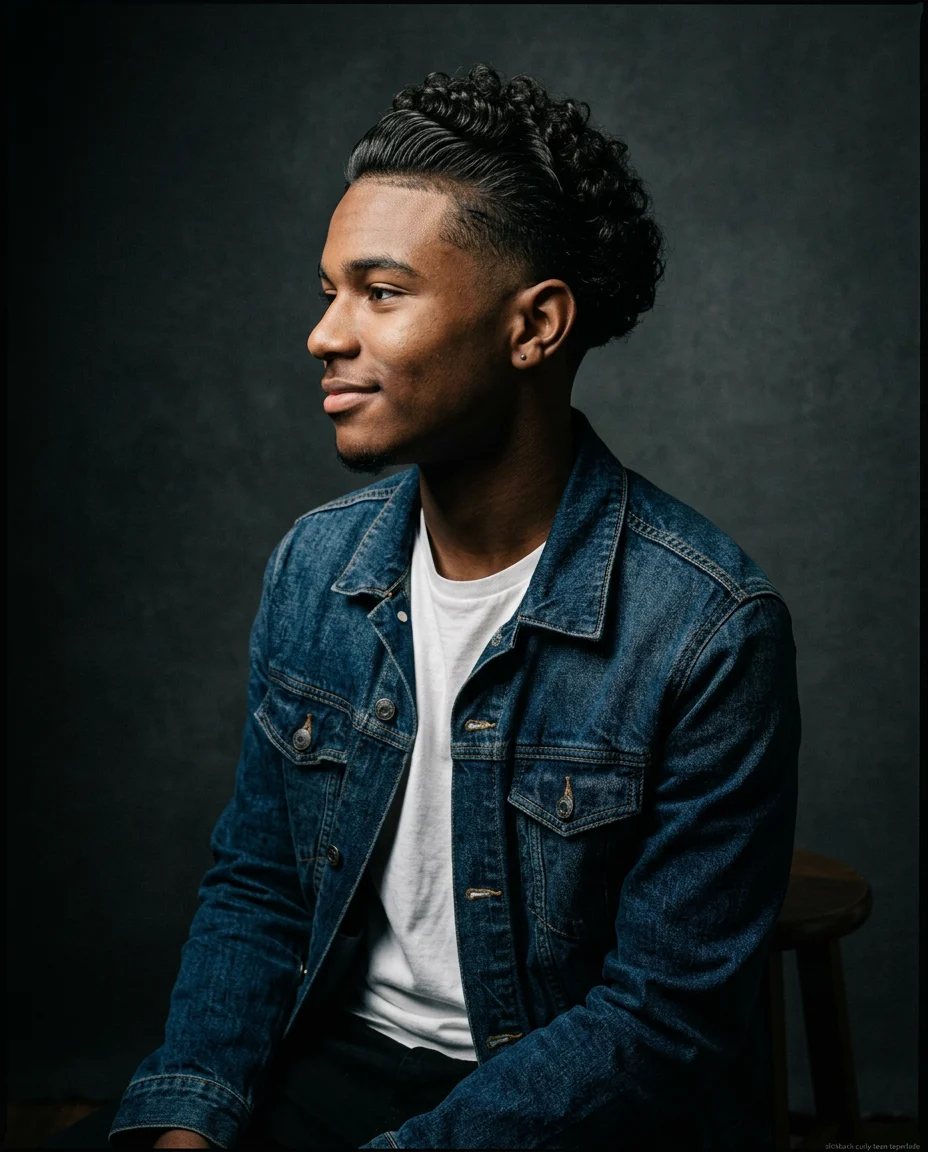 Medium Slick Back with Taper Fade on curly hair