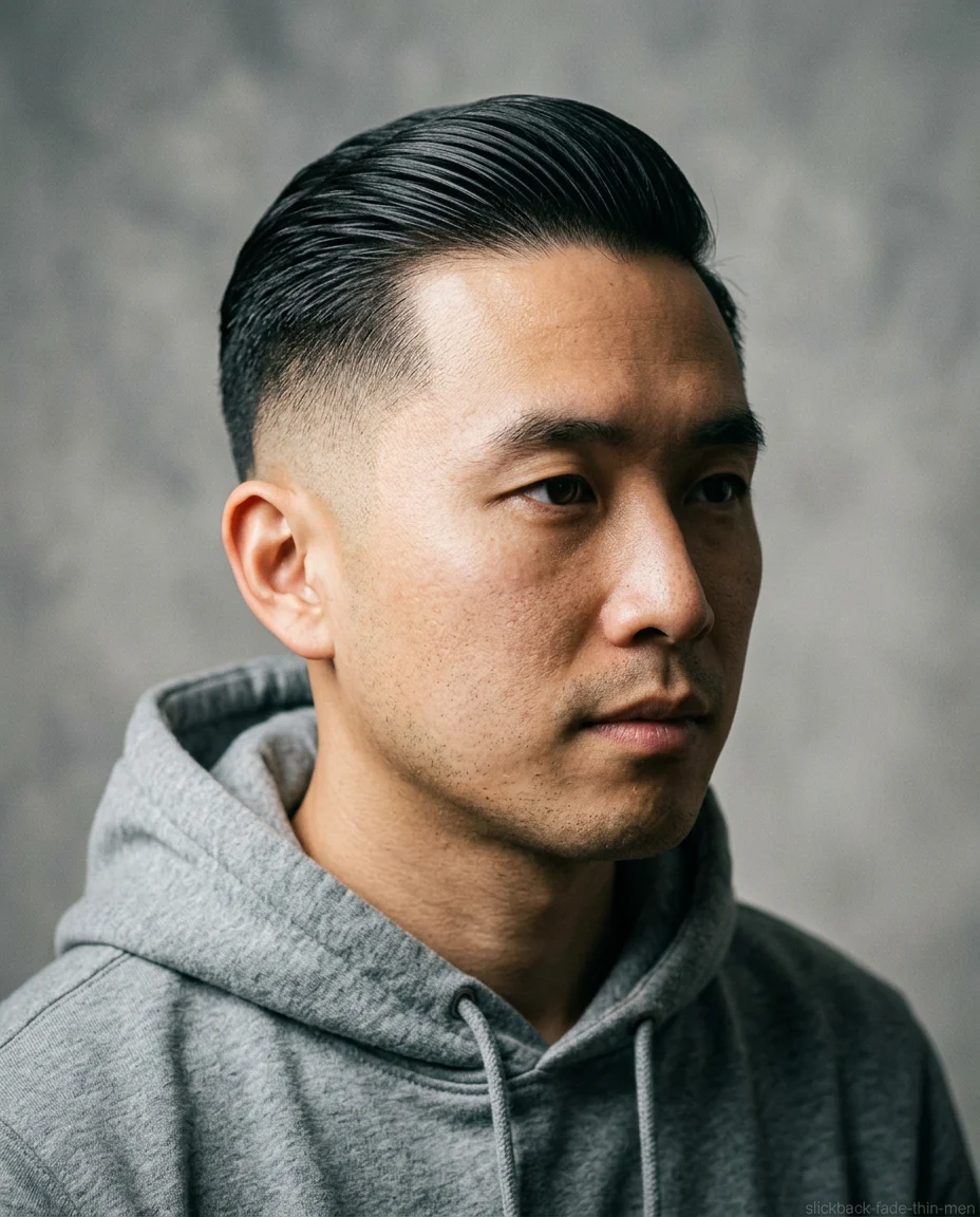 Slick Back Medium Fade on thin hair
