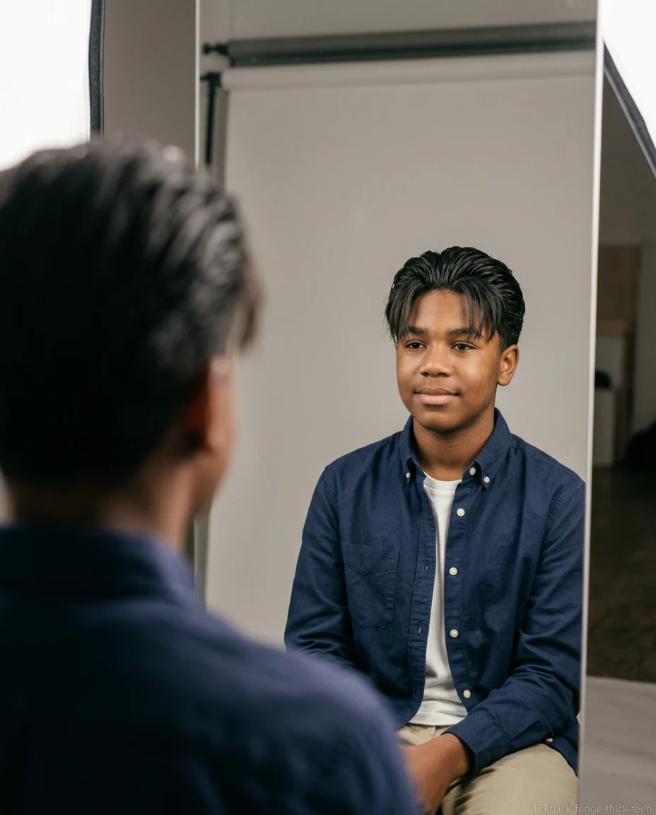 Medium Slick Back with Fringe on teen boy with thick hair