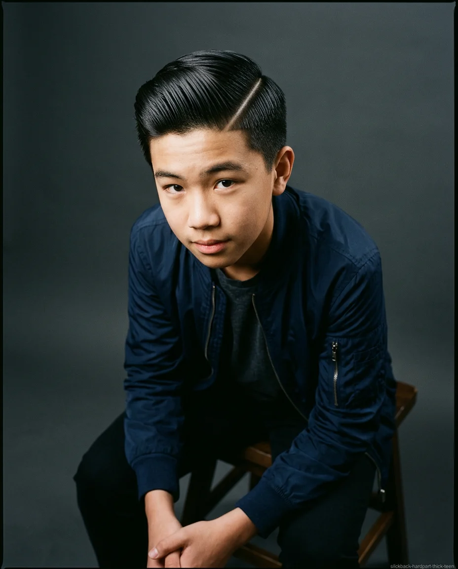 Medium Slick Back with Hard Part on teen boy with thick hair