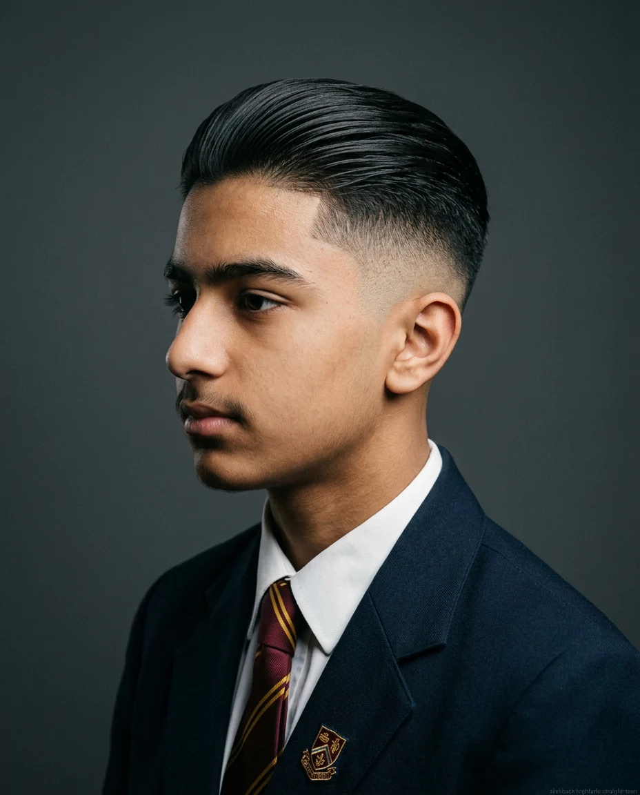 Medium Slick Back with High Fade