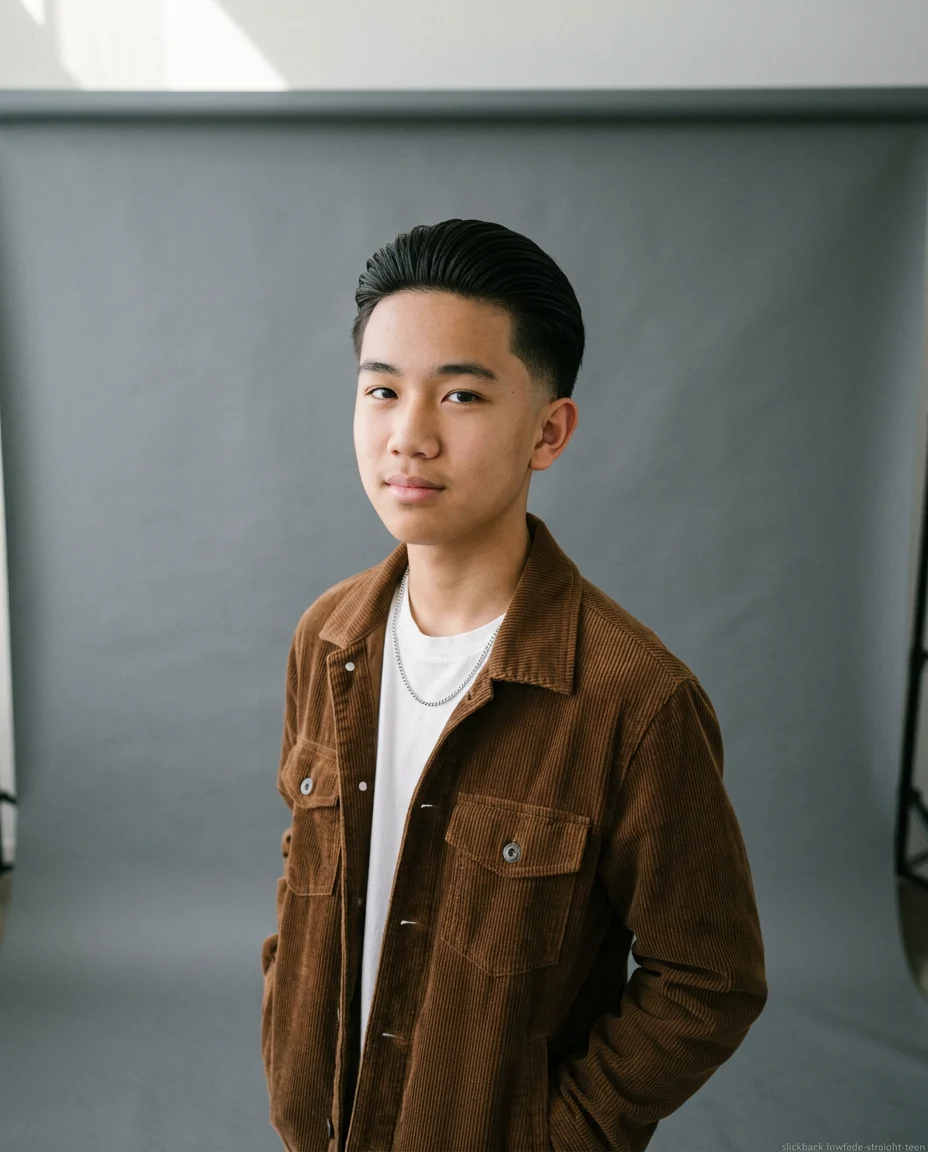 Medium Slick Back with Low Fade