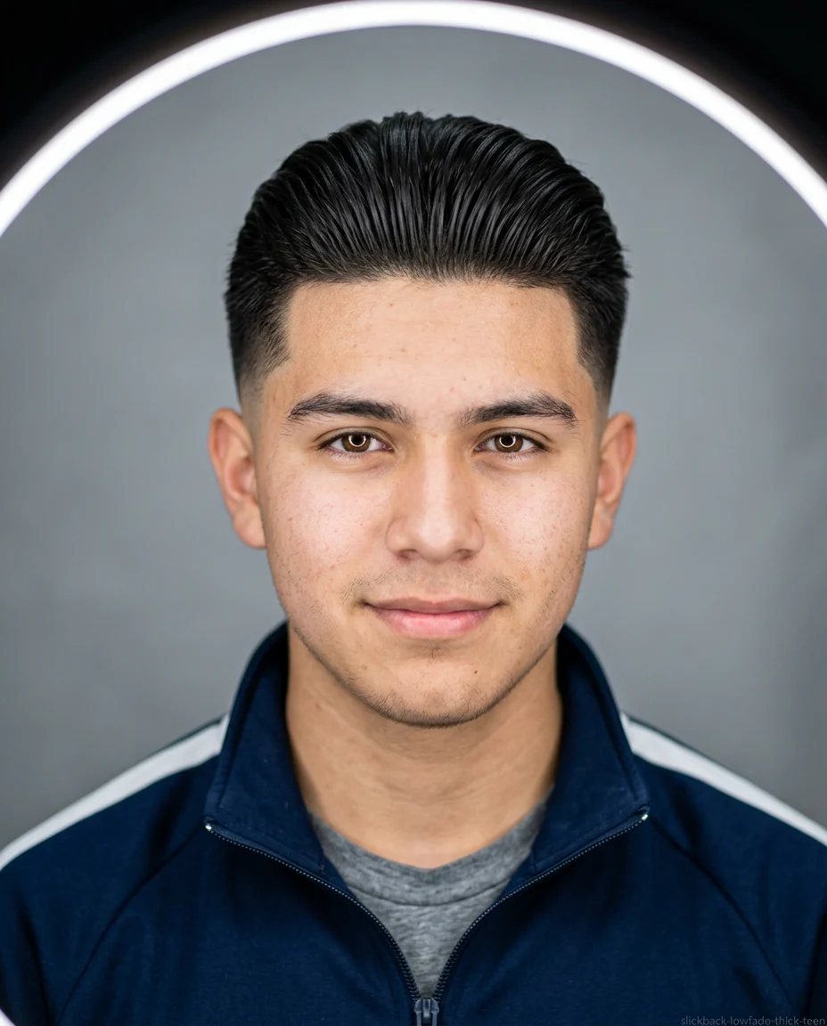 Medium Slick Back with Low Fade on teen boy with thick hair