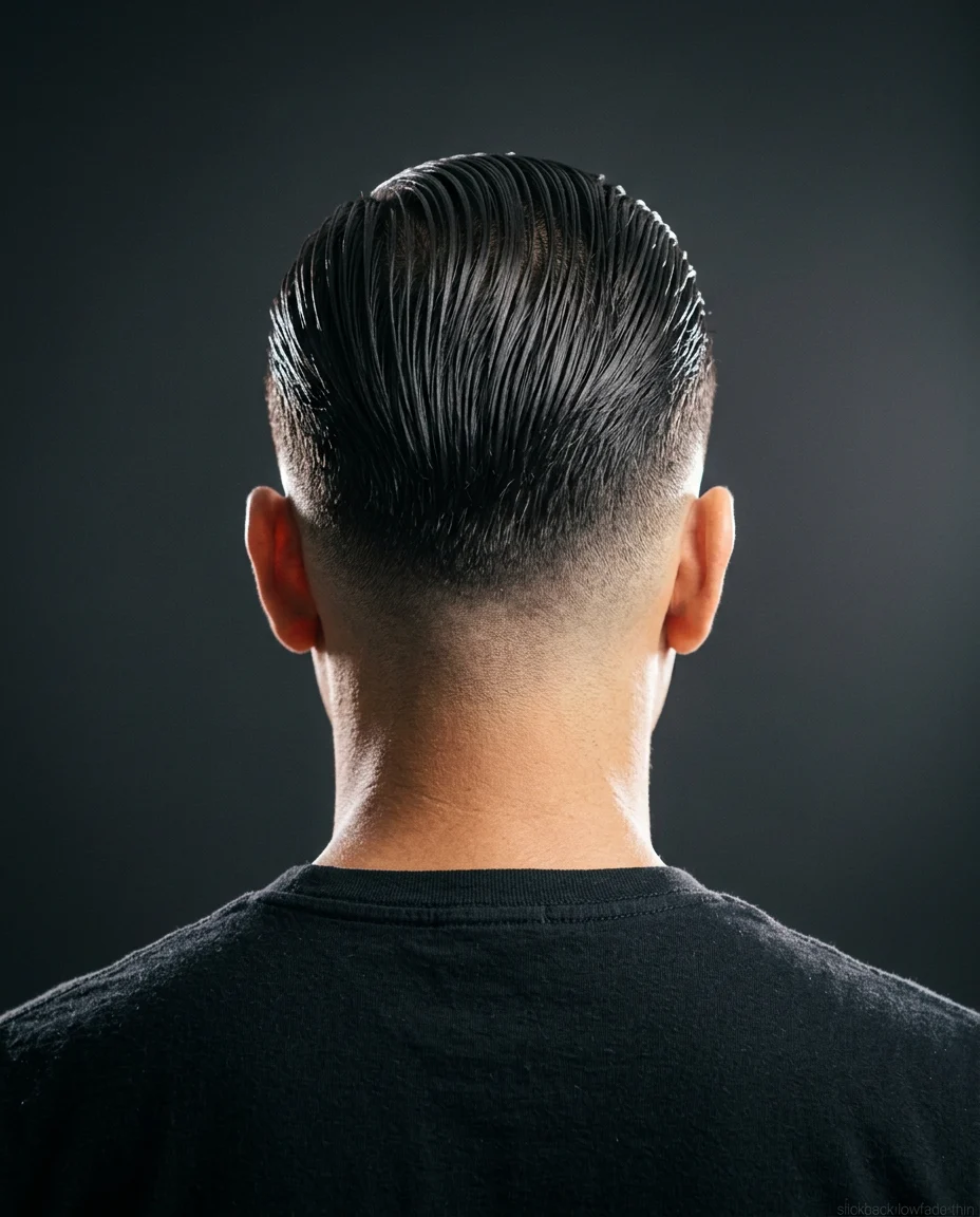 Slicked-back low fade for thin hair