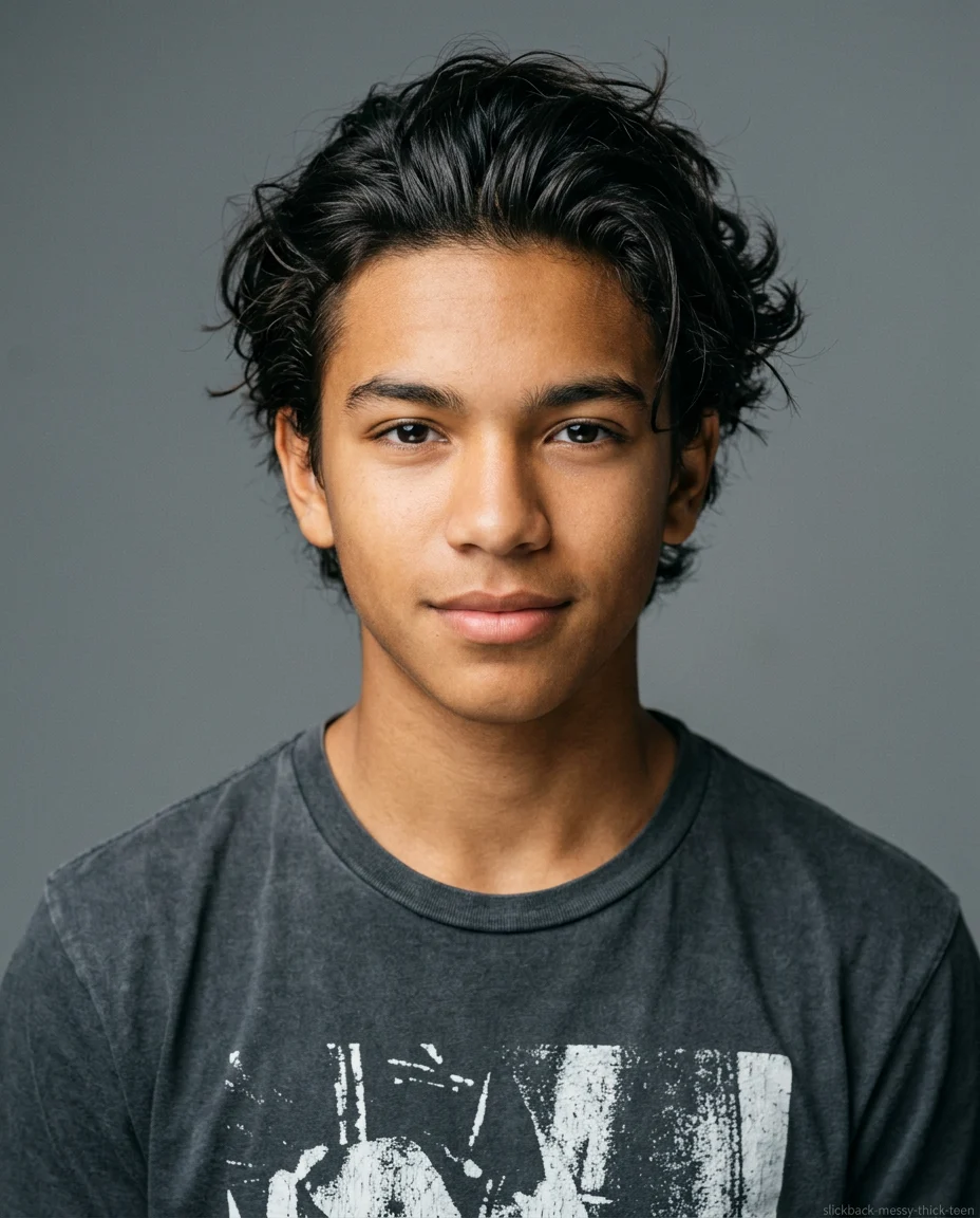 Messy Medium Slick Back on teen boy with thick hair