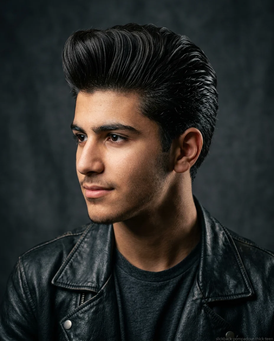 Medium Slick Back Pompadour Fusion on teen boy with thick hair