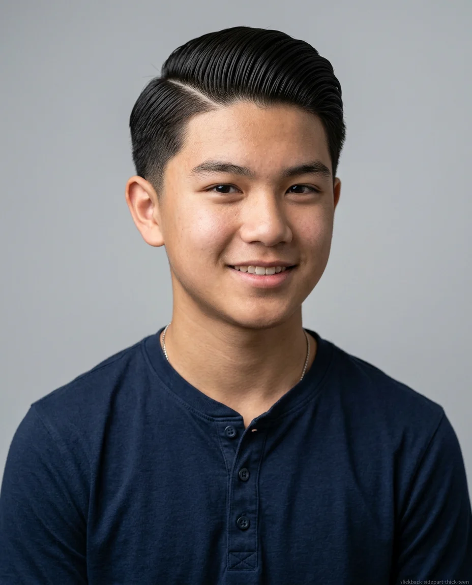 Medium Slick Back with Side Part Blend on teen boy with thick hair