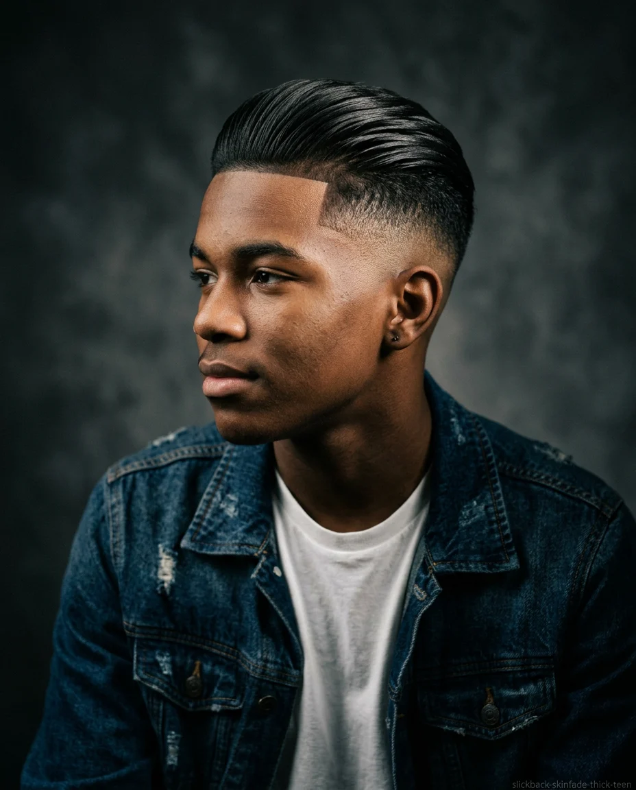 Medium Slick Back with Skin Fade on teen boy with thick hair