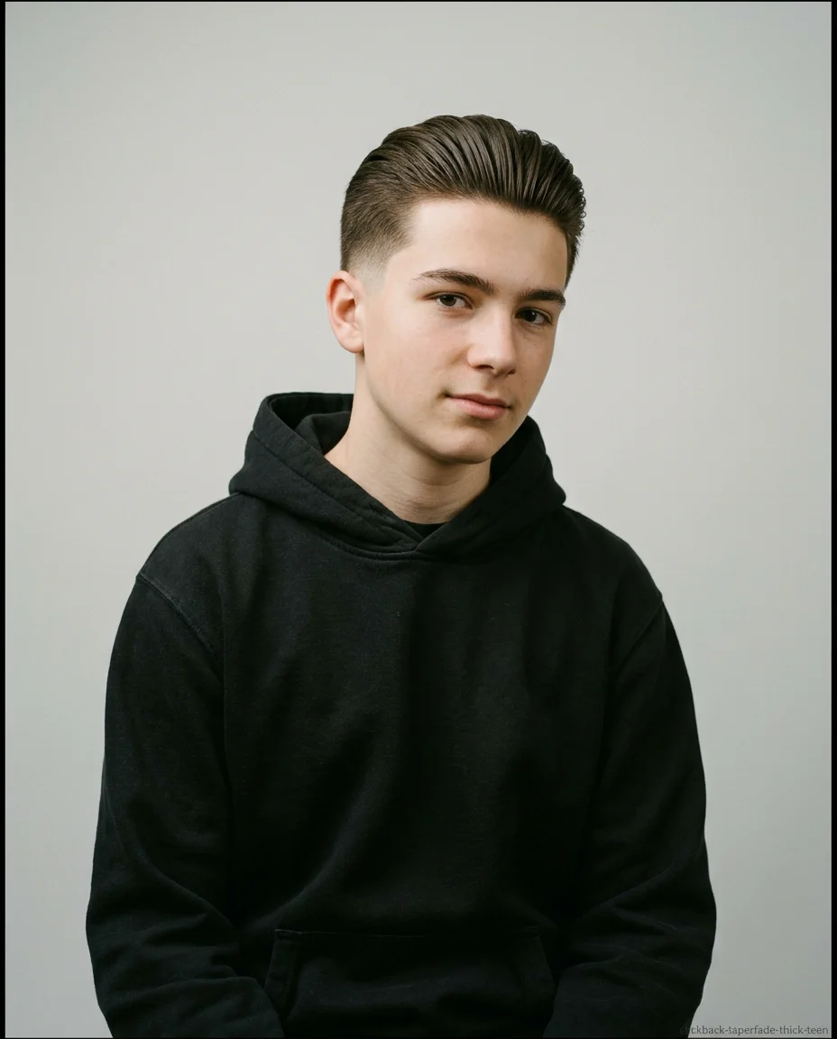 Medium Slick Back with Taper Fade on teen boy with thick hair