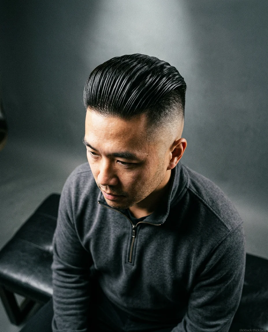Slicked-Back High Fade on a man with thick hair