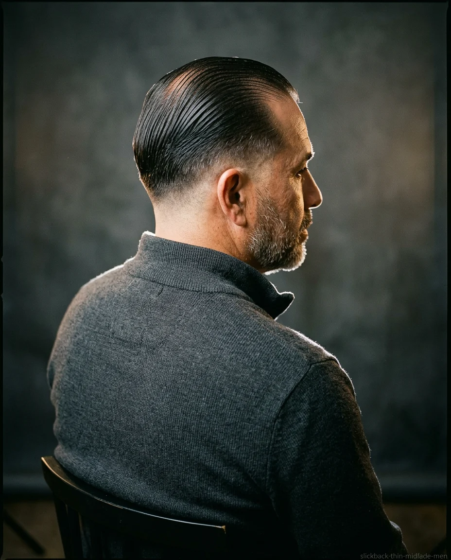 Slick Back Mid Fade on thin hair