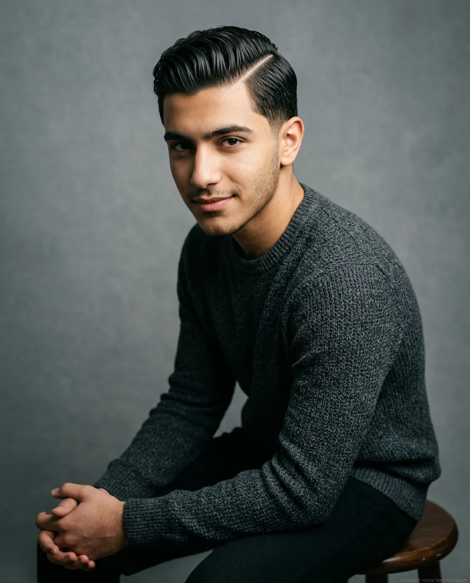 Medium Slick Back with Hard Part on wavy hair