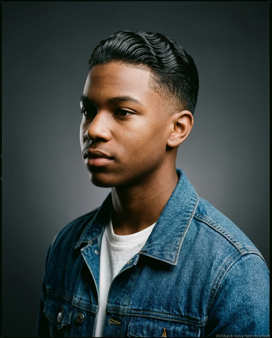 Medium Slick Back with Low Fade on wavy hair