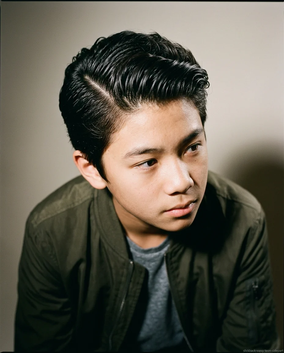 Medium Slick Back with Side Part on wavy hair