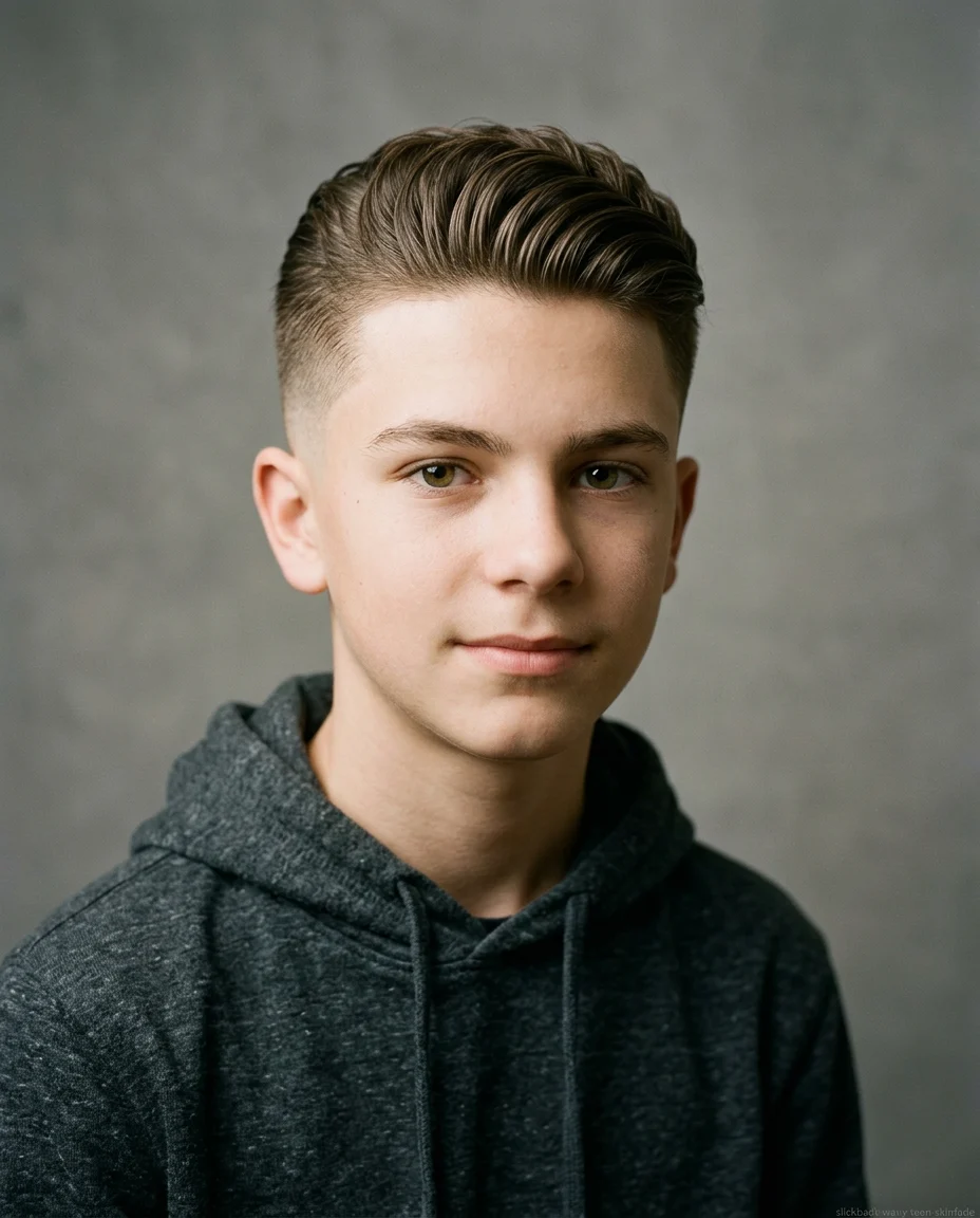 Medium Slick Back with Skin Fade on wavy hair