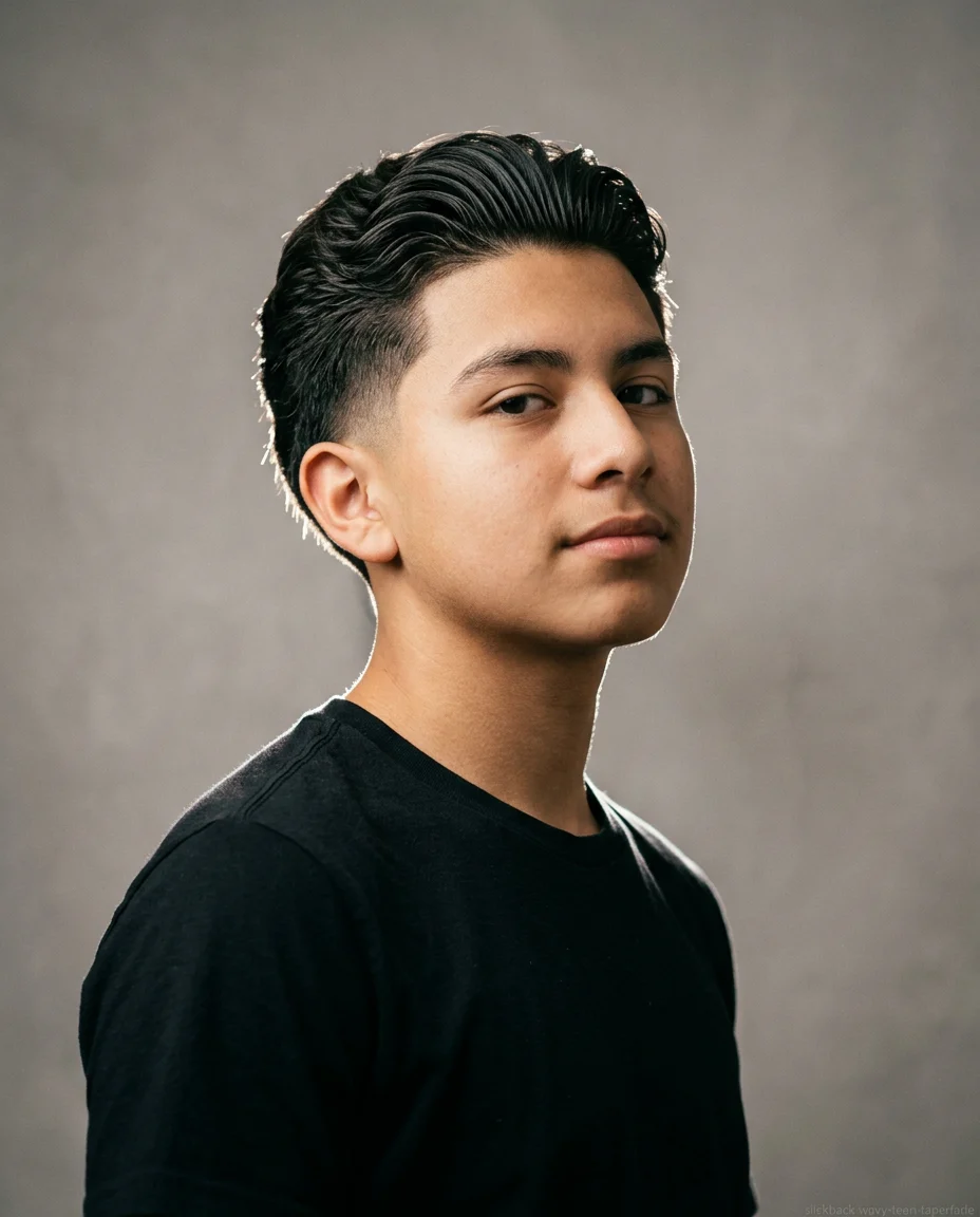 Medium Slick Back with Taper Fade on wavy hair