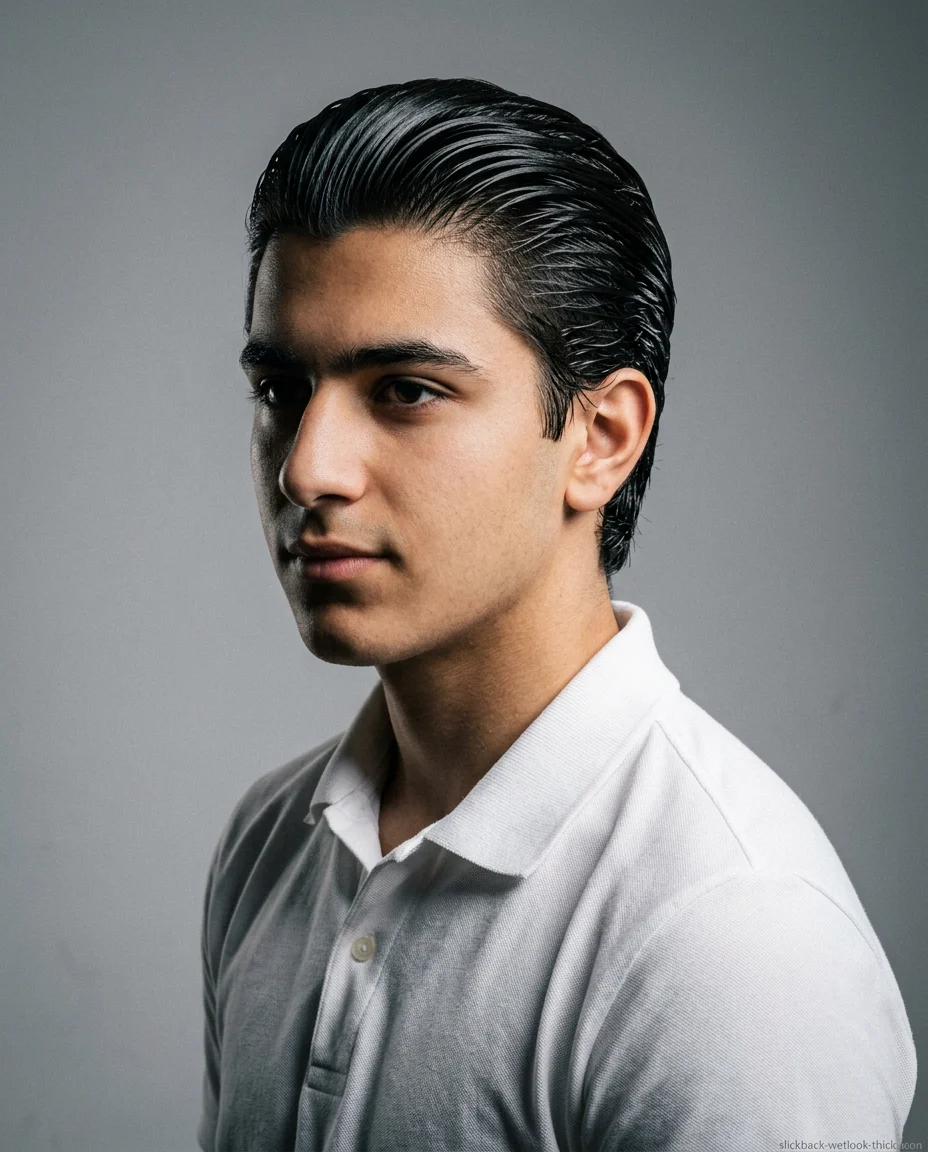 Wet-Look Medium Slick Back on teen boy with thick hair