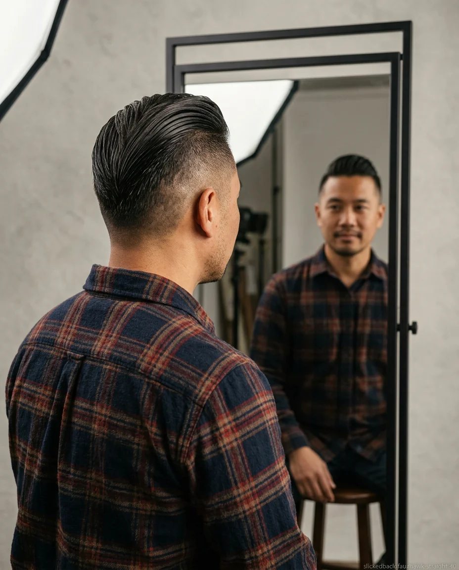 Slicked-Back Faux Hawk for men over 40 with straight hair