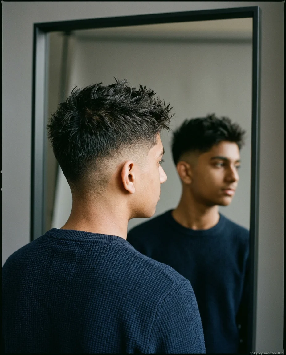 Mid Fade Spiky Top haircut for teen boy with thin hair
