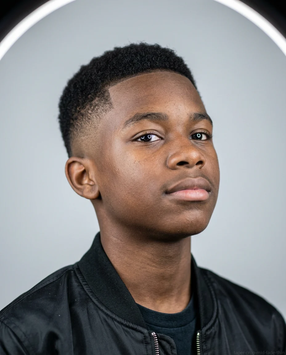 Mid Fade Taper Crop haircut for teen boy with thin hair