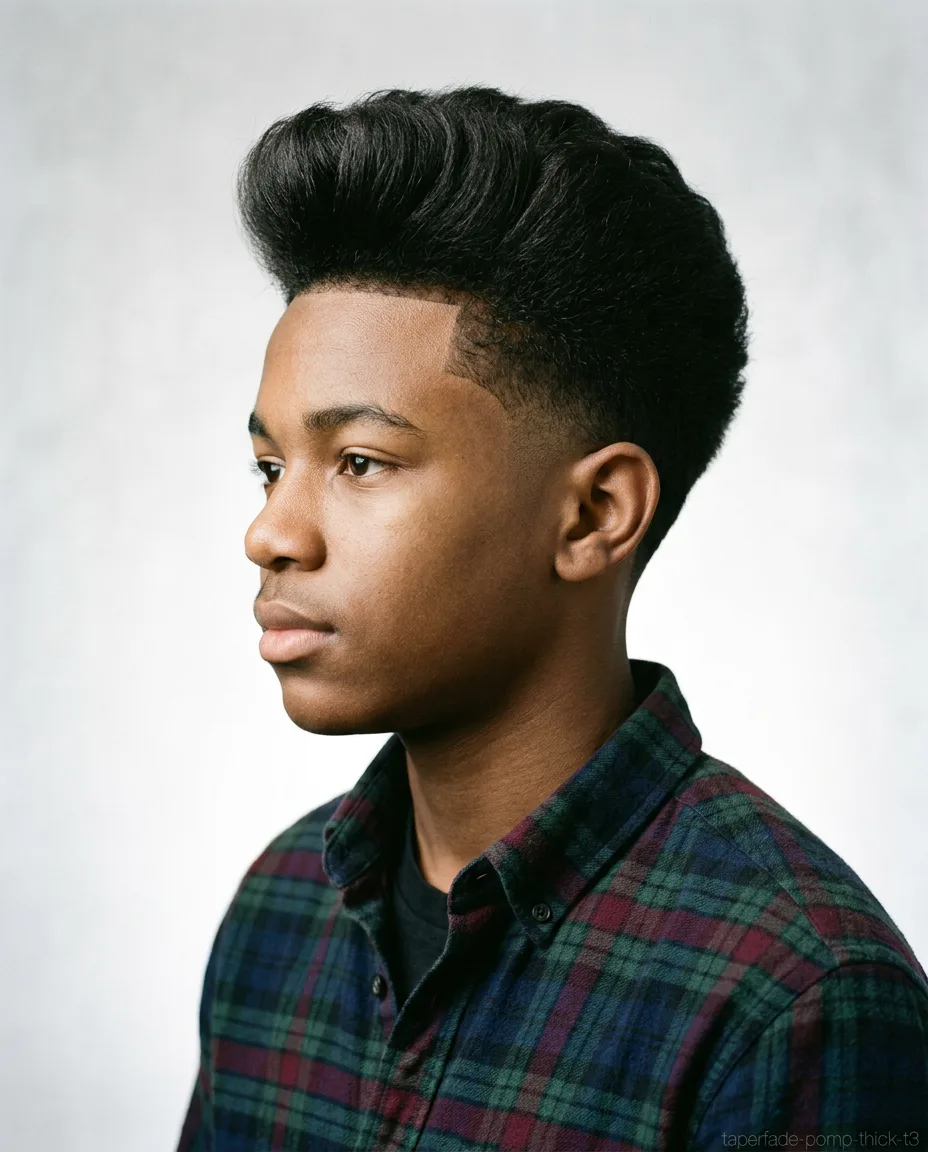 Long pompadour with taper fade on thick teen hair