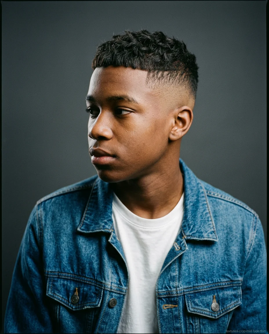 Mid Fade Textured Crop haircut for teen boy with thin hair