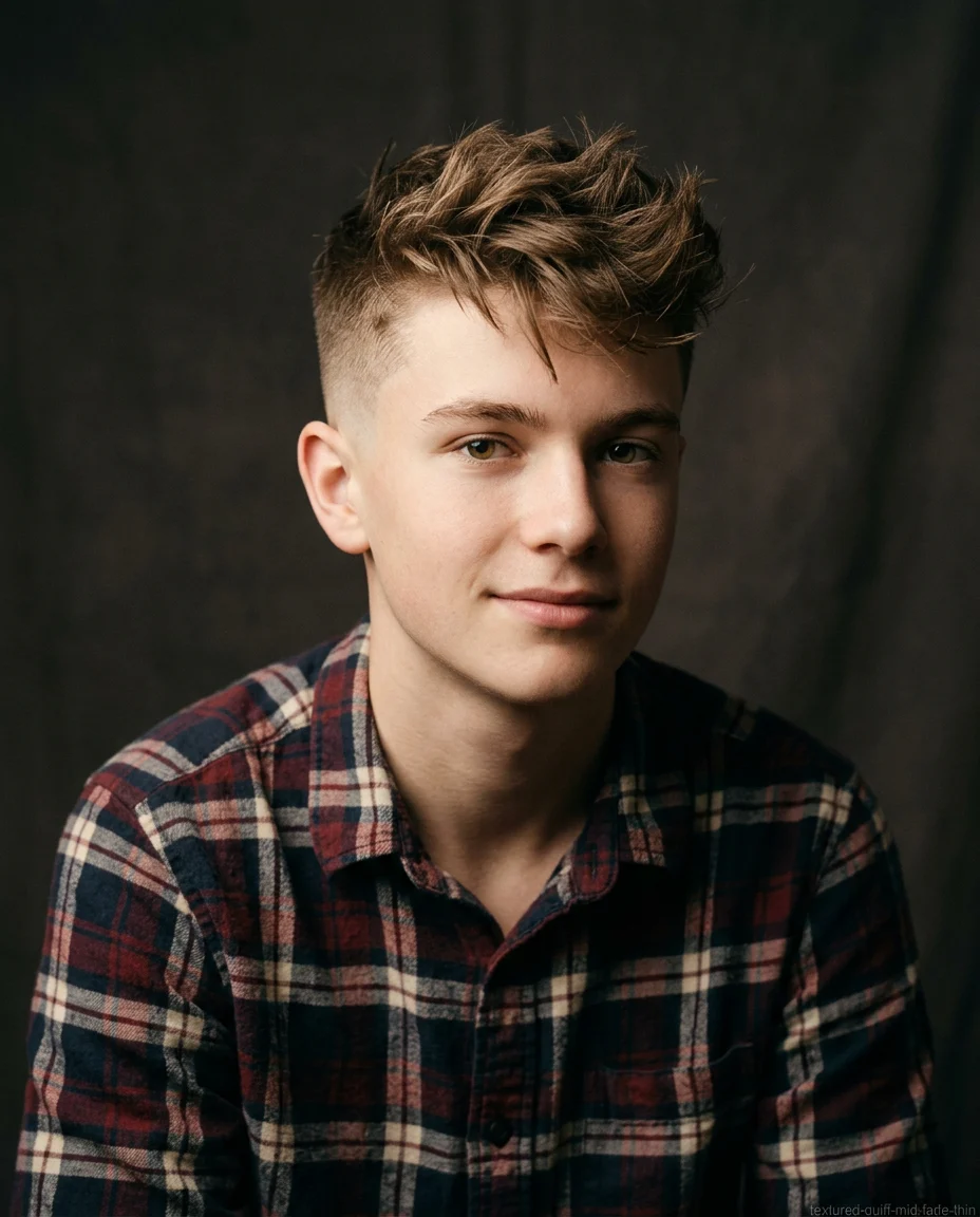 Mid Fade Textured Quiff haircut for teen boy with thin hair