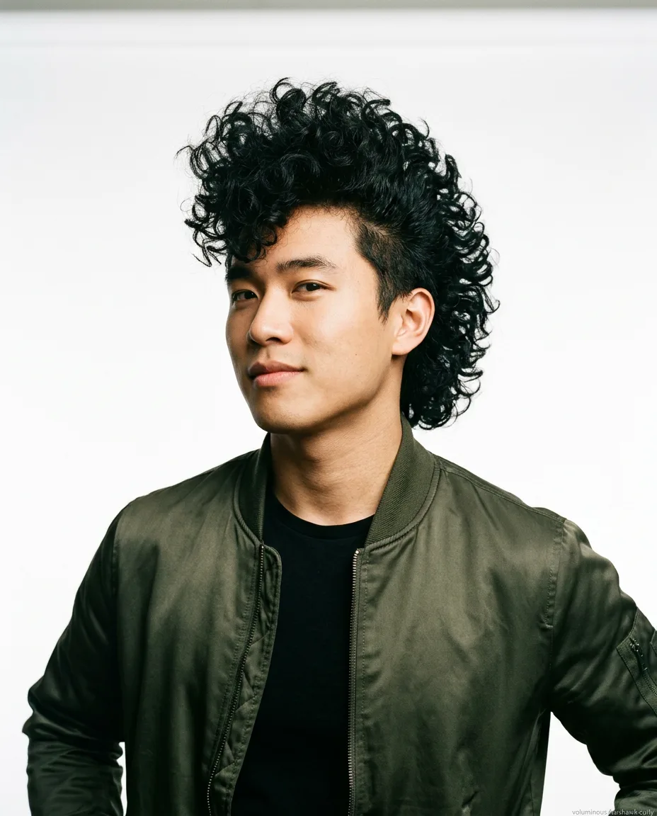 Voluminous curly faux hawk for men
